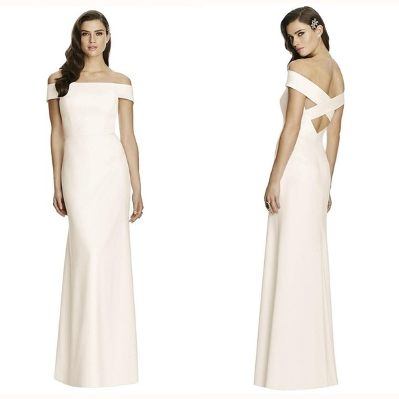 Dessy Collection Off-the-Shoulder Criss Cross Back Trumpet Gown 2987 Ivory - Picture 1 of 8